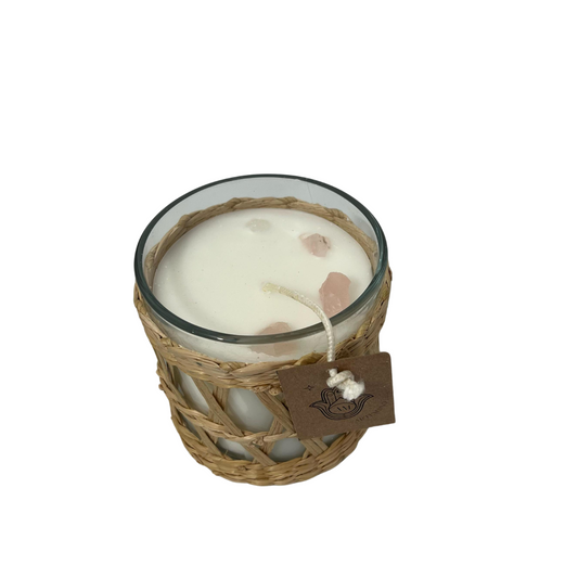 Vela Aromática Decorativa de Cristal con Cuarzos | Artesanal con Porta Vela Ratán Mimbre