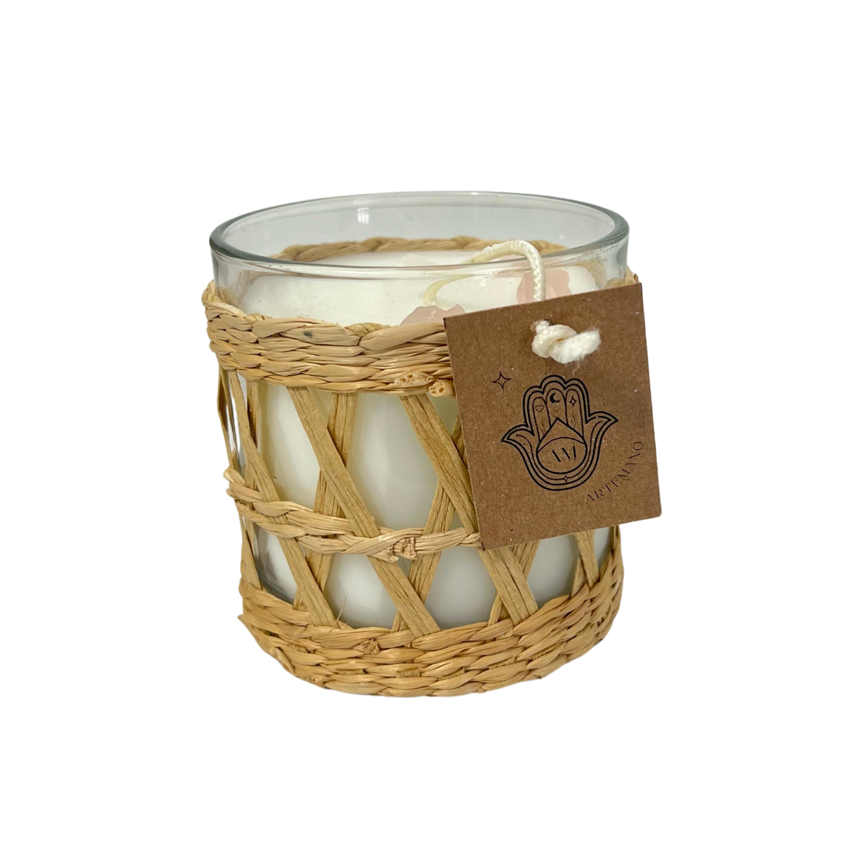 Vela Aromática Decorativa de Cristal con Cuarzos | Artesanal con Porta Vela Ratán Mimbre