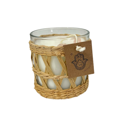 Vela Aromática Decorativa de Cristal con Cuarzos | Artesanal con Porta Vela Ratán Mimbre