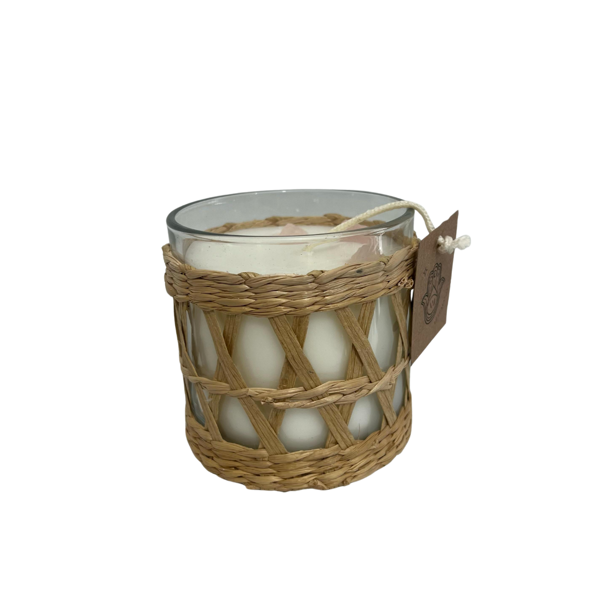 Vela Aromática Decorativa de Cristal con Cuarzos | Artesanal con Porta Vela Ratán Mimbre