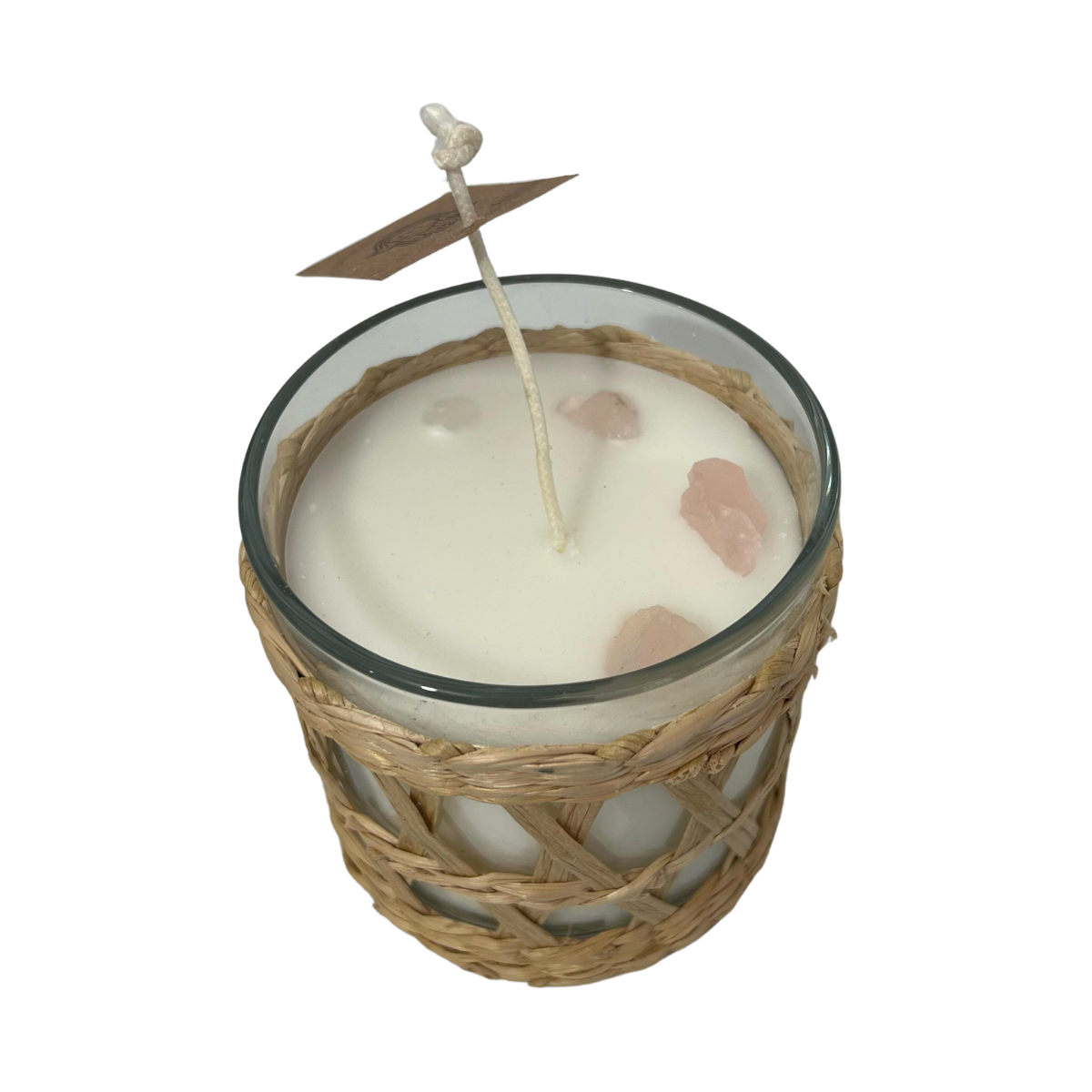 Vela Aromática Decorativa de Cristal con Cuarzos | Artesanal con Porta Vela Ratán Mimbre